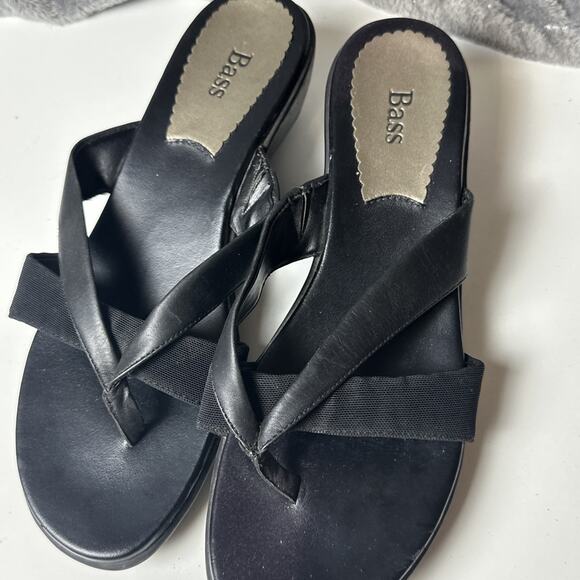 Bass Women's Heather Thong Sandals Black Leather Wedge Flip Flop Boho City Y2K 9 - Picture 13 of 16